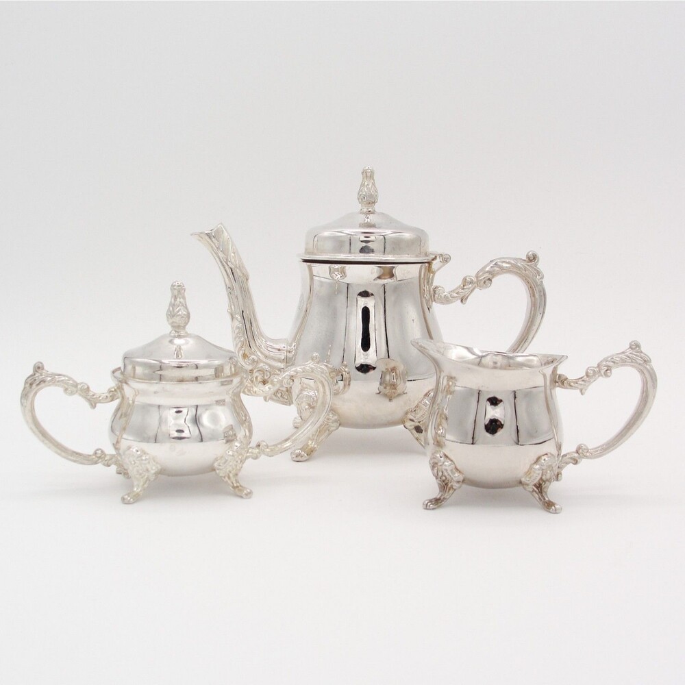 Vintage Elegance Silverware Tea Set 3 Pc Silver Plated Teapot Sugar Creamer